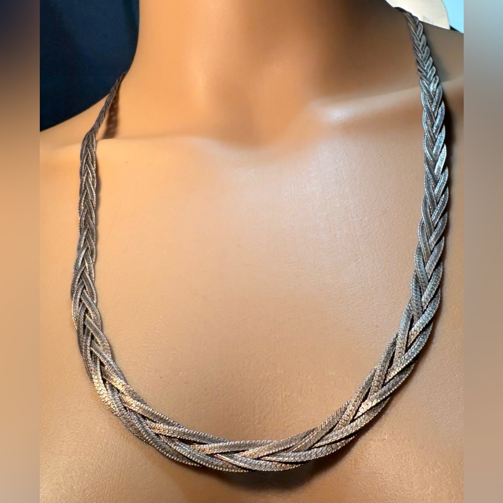 925 Italy Milor inscribed Elegant Silver herring bone Braided Necklace